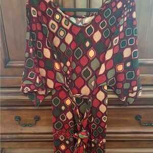 Boutique Find! Geometric Patterned Dress - Red, Green, 1/2 sleeve